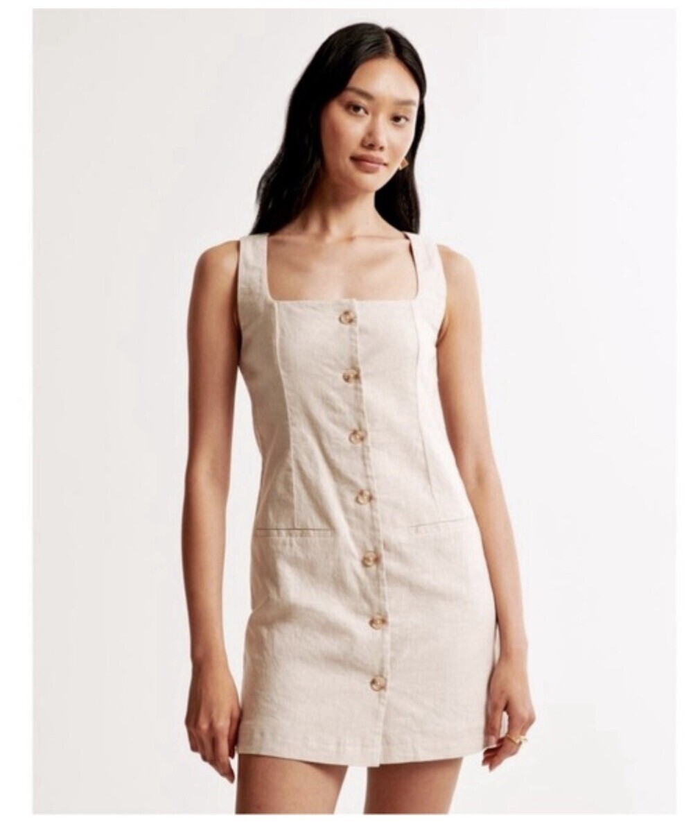 Abercrombie & Fitch Beige Linen Button-Front Sundress